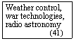 Szvegdoboz: Weather control, war technologies,
radio astronomy
                     (41)
